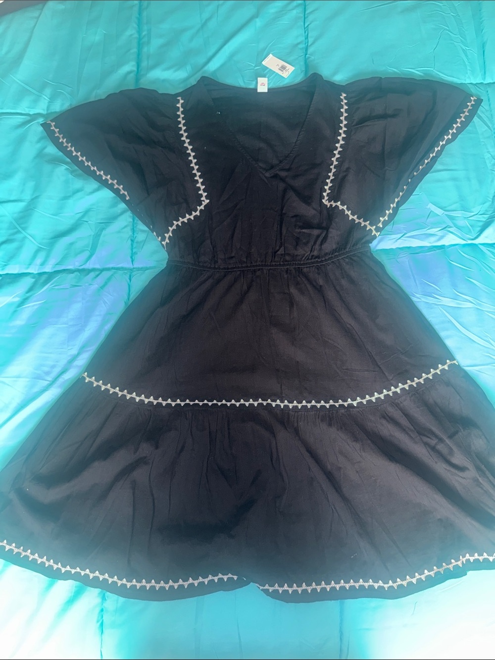 Old Navy Black Tiered Dress with White Embroidery